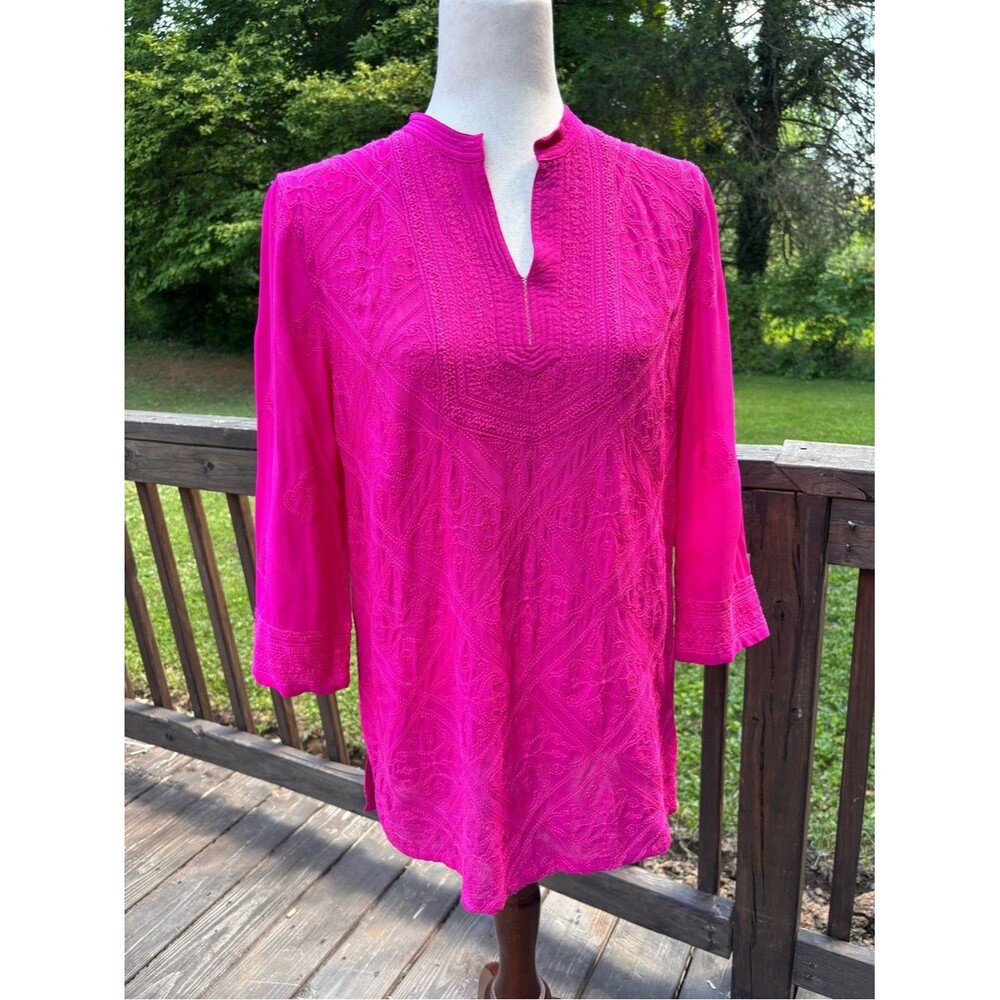 Chico’s Size 1 Fuchsia Pink Embroidered Tunic Top Boho 3/4 Sleeve Viscose